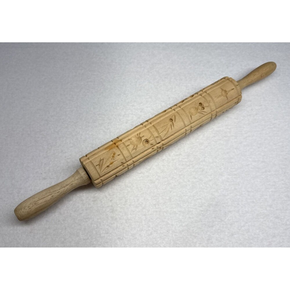 Embossed Rolling Pin Large Animal Bird Floral Cookie Folk Art Unbranded Wood